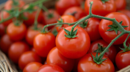 Nahaufnahme von frischen Kirschtomaten am Zweig