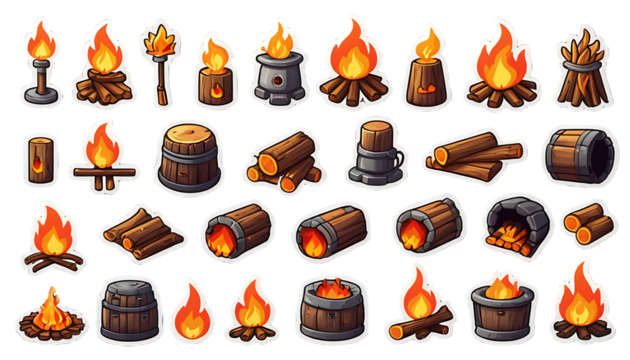 Flaming Embers: A Collection of Cartoon Fire and Wood Illustrations