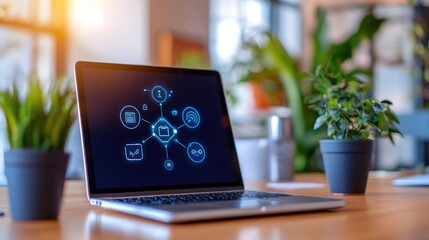 Digital transformation AI cybersecurity concept. A smart office where AI monitors and secures device-to-device communication in real time