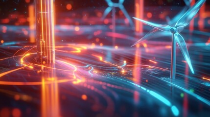 Futuristic energy network with wind turbines and glowing lines.
