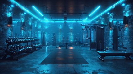 Modern gym interior with blue neon lights, weightlifting equipment, and workout space.