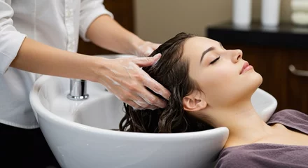Hands, massage and hairdresser with client in spa, relax and basin for wash and treatment. Soap, salon and hairstyle or cleaning for happy customer person, keratin or scalp shampoo for hair care 