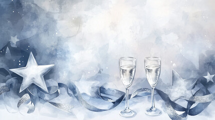 Silver star and champagne glasses on festive blue background