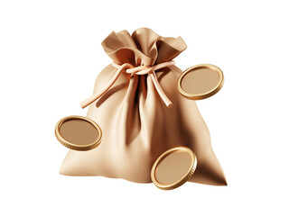 PNG money bag gold coin on transparent 3d background.