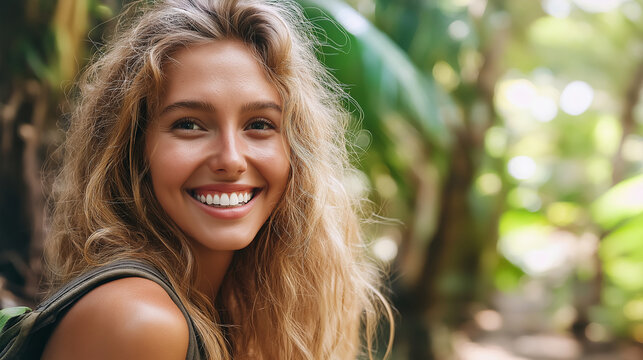 European woman with natural smile in tropical setting. Perfect for wellness lifestyle, natural beauty, or authentic joy content.