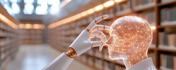 Digital transformation integration growth concept. A futuristic library integrating digital archives and AI-enhanced search tools for knowledge growth