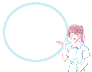 案内をする女性看護師　笑顔　吹き出し