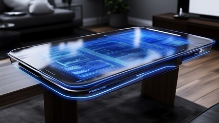 Futuristic transparent tablet displays data graphs