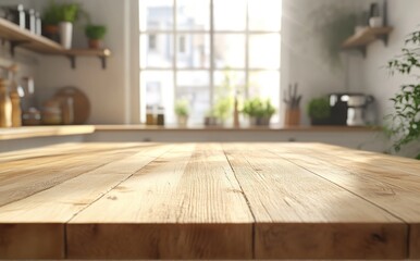 Empty wooden table top with a blurred kitchen background for product display