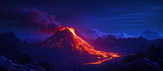 Night volcanic eruption, glowing lava flowing down mountainside.