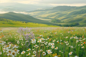 Fototapeta premium A picturesque scene of rolling hills and a vast field of wildflowers in bloom, bathed in the soft light of sunrise, A serene countryside landscape with rolling hills and blooming wildflowers