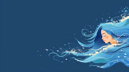 Abstract Woman with Flowing Blue Hair and Water Splash