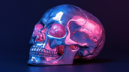Metallic skull in neon pink and blue light.