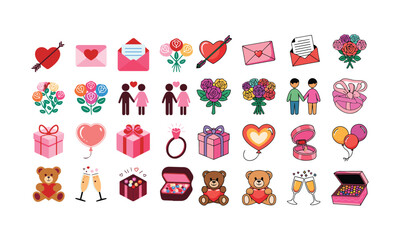 Naklejka premium Romantic Valentine's Day Illustrations - Hearts, Gifts, Roses, Balloons, and Teddy Bears