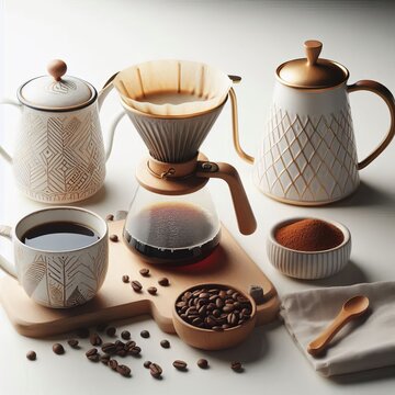 A pour over coffee setup with a kettle filter freshly ground bea