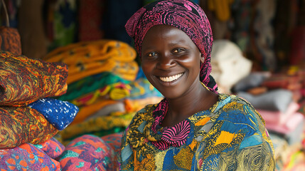 Fototapeta premium African woman in traditional colorful attire at market. Perfect for cultural heritage, global commerce, or authentic lifestyle content.