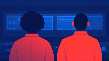 Two Scientists in Laboratory Observing Data on Screens at Night