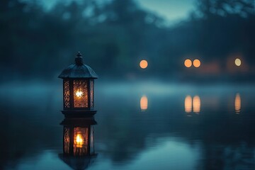 Warm glow of lantern illuminates tranquil water, creating serene