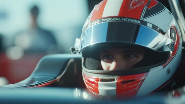 Race Car Driver in Helmet Focus, Determination, and Concentration in High Speed Motorsport Competition, Fueling Adrenaline and Excitement.