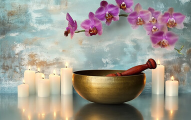 Create the perfect tranquil spa environment with calming decor luxury candles vibrant orchids and elegant flowers offering a serene ambiance designed to inspire relaxation and holistic wellness
