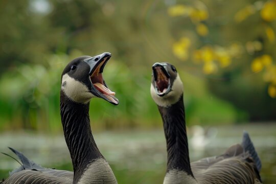 Two geese with open beaks honking loudly by a pond, A pair of geese honking loudly by a pond