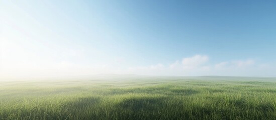 Fototapeta premium Misty green field under a bright blue sky.