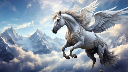 Obraz premium Snow-Capped Mountains and Winged Pegasus 