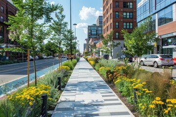 A modern city street with a wide pedestrian pathway lined with vibrant greenery, A reimagined urban streetscape with integrated green infrastructure and pedestrian-friendly design