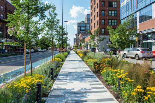 A modern city street with a wide pedestrian pathway lined with vibrant greenery, A reimagined urban streetscape with integrated green infrastructure and pedestrian-friendly design