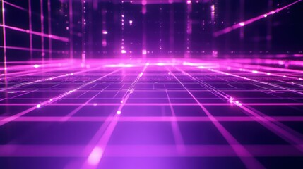Abstract purple grid glowing lines digital network background.