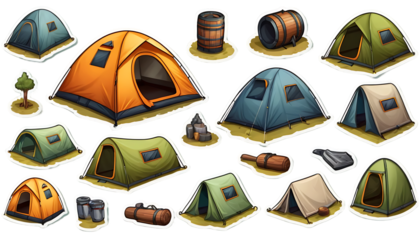 Camping Tents: A Colorful Cartoon Collection of Outdoor Gear