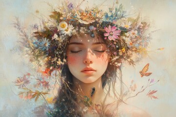 Enchanting portrait of serene woman adorned with vibrant floral