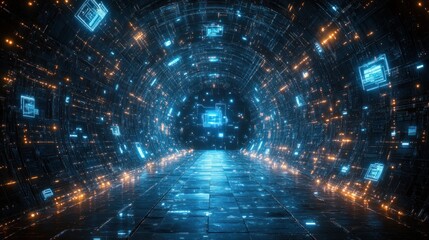 Fototapeta premium Futuristic digital tunnel with glowing data streams.