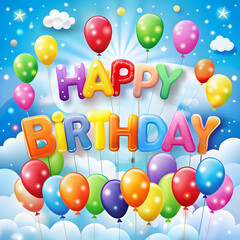 Colorful Happy Birthday Balloons Celebration Design Illustration with Bright Rainbow Colors, Festive Sky Background, and Cartoon Style for Cards,     