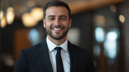 Fototapeta premium Mediterranean business consultant in evening setting. Ideal for corporate success, professional expertise, or modern leadership content.
