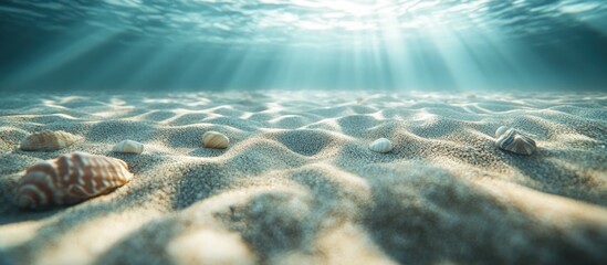 Sunbeams illuminate seashells on an underwater sandy ocean floor.