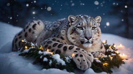Fototapeta premium A serene snow leopard resting on a snowy landscape, surrounded by festive greenery and lights.
