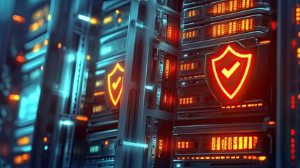 Futuristic server room illuminated with vibrant lights, showcasi