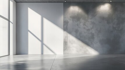 Obraz premium Minimalist studio with smooth grey floor and white cyc wall, dramatically lit by spotlights creating a subtle gradient effect. A perfect space for photography and creative projects