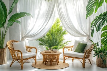 Fototapeta premium Cozy interior with rattan chairs, lush greenery, and soft draped