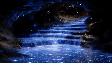 Enchanting Waterfall Cascading Down Steps In A Dark Cave