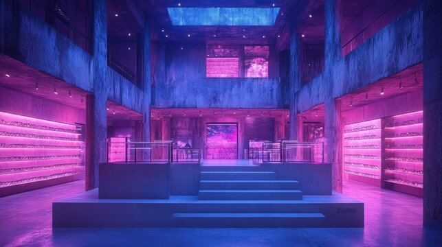 Futuristic neon-lit interior with display cases and steps.