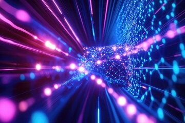 Vibrant light trails create sense of depth, evoking futuristic e