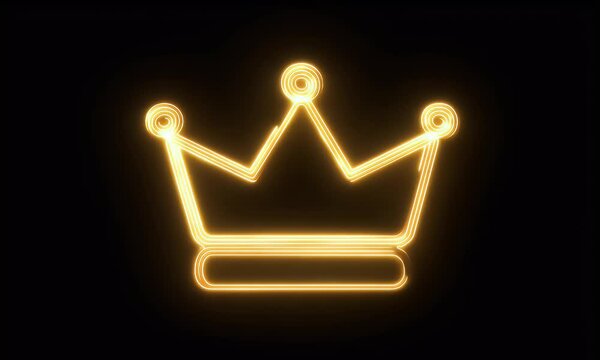 minimalist glowing neon crown icon in golden yellow, shining on a black backdrop