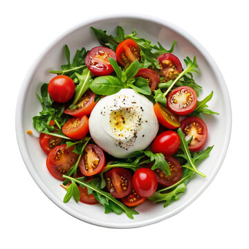Salad with burrata cheese, arugula salad and tomatoes in plate isolated on transparent background
