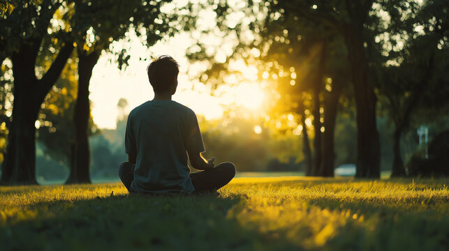 Person meditating in park at sunset. Ideal for mindfulness practice, wellness lifestyle, or peaceful meditation content.