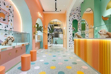 A brightly colored pet grooming salon with playful decor and happy dogs, A pet grooming salon with playful decor and happy furry customers