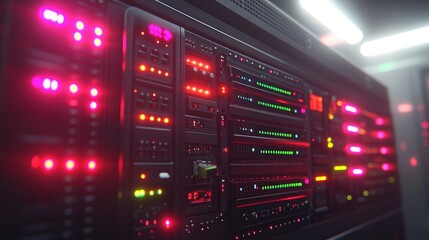 Futuristic server rack with glowing lights and indicators.