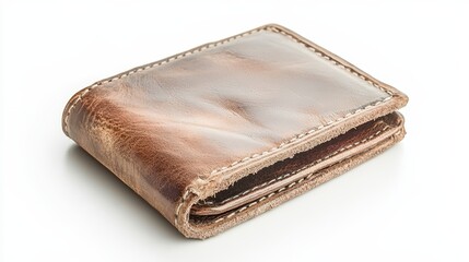 Elegant brown leather wallet on minimalist white backdrop, timeless accessory classic