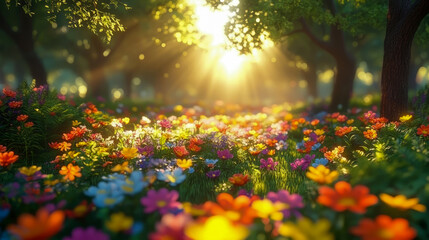 Obraz premium Sunlit Meadow: A Vibrant Tapestry of Blossoms in a Tranquil Grove